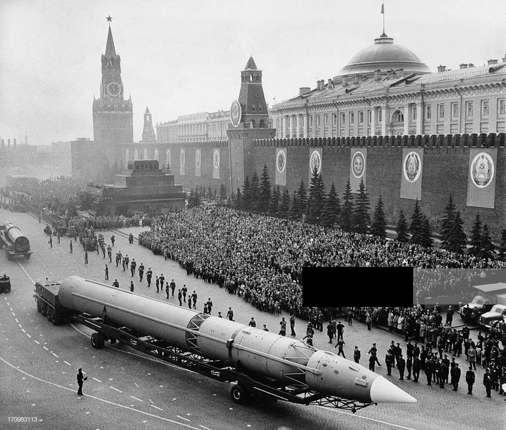 A Soviet Nuclear Ballistic Missile parade in Moscow, USSR in 1965.