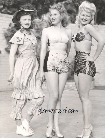 3 Models show the change in swimwear in the US from 1900 to 1940 to 1955.
