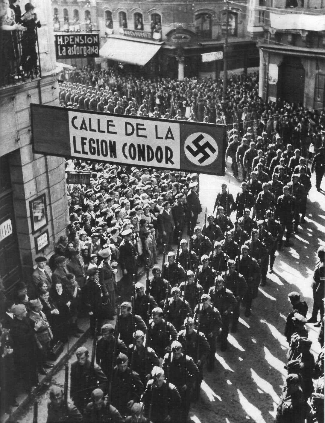 German forces arrive to assist the Nationalists in the Spanish Civil War in 1936.