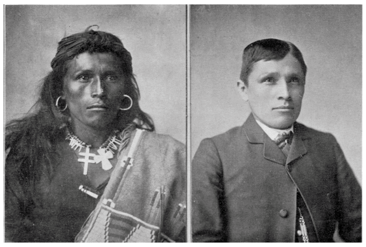 Native American boy before and after being “re educated” by the U.S government. 1860.