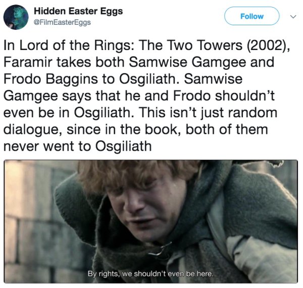 all rights we shouldn t even - Hidden Easter Eggs In Lord of the Rings The Two Towers 2002, Faramir takes both Samwise Gamgee and Frodo Baggins to Osgiliath. Samwise Gamgee says that he and Frodo shouldn't even be in Osgiliath. This isn't just random dial