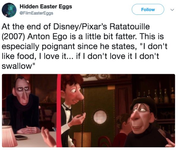 conversation - Hidden Easter Eggs At the end of DisneyPixar's Ratatouille 2007 Anton Ego is a little bit fatter. This is especially poignant since he states, "I don't food, I love it... if I don't love it I don't swallow"