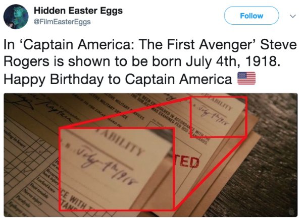 material - Hidden Easter Eggs In 'Captain America The First Avenger' Steve Rogers is shown to be born July 4th, 1918. Happy Birthday to Captain America Per Rss Ability vity 1918 Te Wi