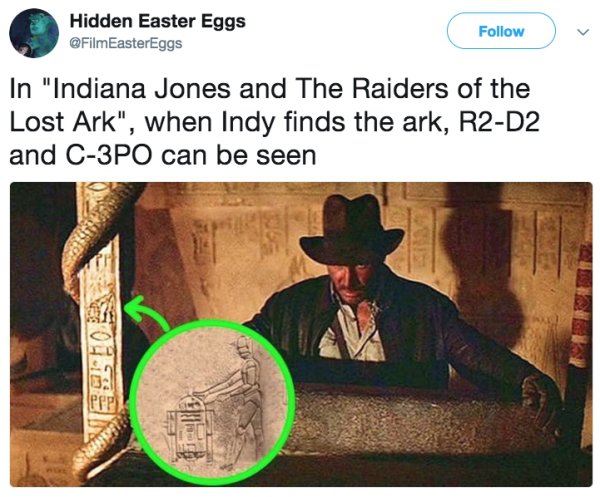 raiders of the lost ark r2d2 c3po - Hidden Easter Eggs In "Indiana Jones and The Raiders of the Lost Ark", when Indy finds the ark, R2D2 and C3PO can be seen