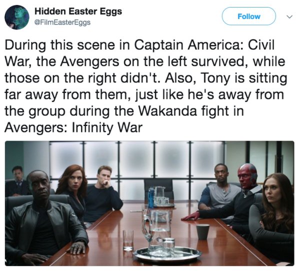 american design - Hidden Easter Eggs During this scene in Captain America Civil War, the Avengers on the left survived, while those on the right didn't. Also, Tony is sitting far away from them, just he's away from the group during the Wakanda fight in Av