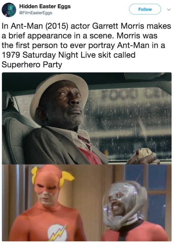 garrett morris ant man - Hidden Easter Eggs In AntMan 2015 actor Garrett Morris makes a brief appearance in a scene. Morris was the first person to ever portray AntMan in a 1979 Saturday Night Live skit called Superhero Party