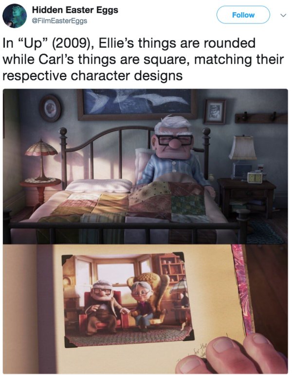 thanks for the adventure - Hidden Easter Eggs In Up 2009, Ellie's things are rounded while Carl's things are square, matching their respective character designs