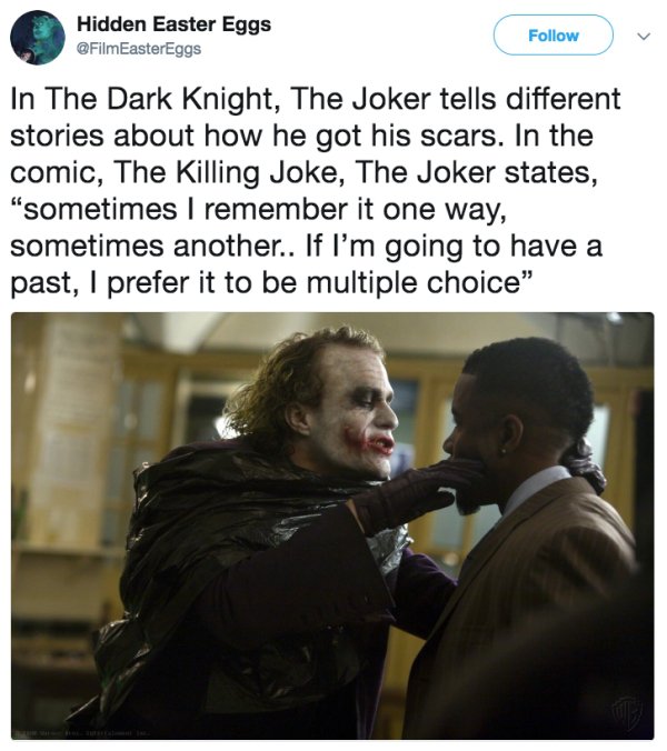 michael jai white heath ledger - Hidden Easter Eggs In The Dark Knight, The Joker tells different stories about how he got his scars. In the comic, The Killing Joke, The Joker states, "sometimes I remember it one way, sometimes another.. If I'm going to h