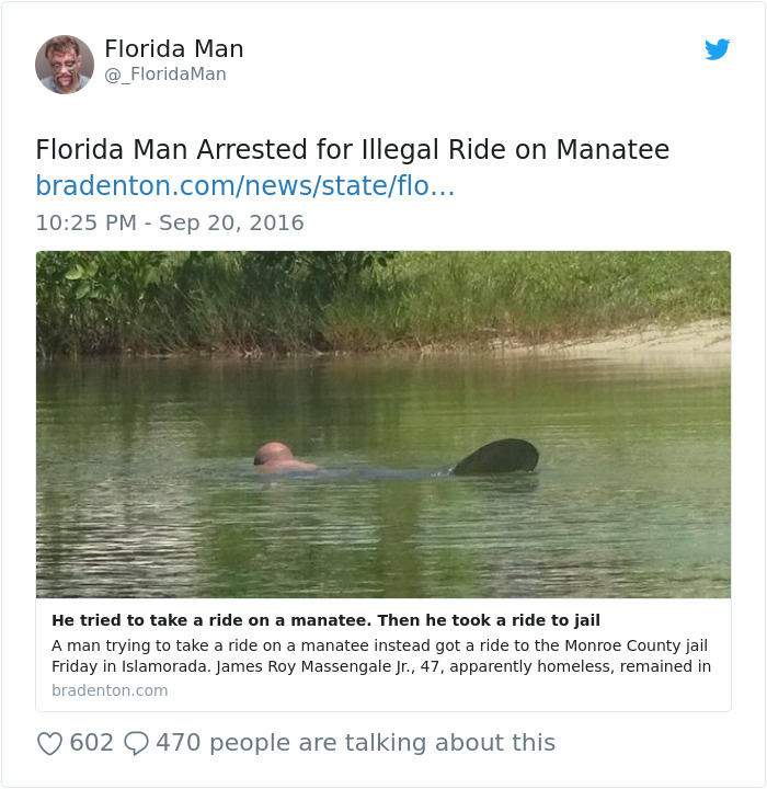 florida man animals - Florida Man Man Florida Man Arrested for illegal Ride on Manatee bradenton.comnewsstateflo... He tried to take a ride on a manatee. Then he took a ride to jail A man trying to take a ride on a manatee instead got a ride to the Monroe
