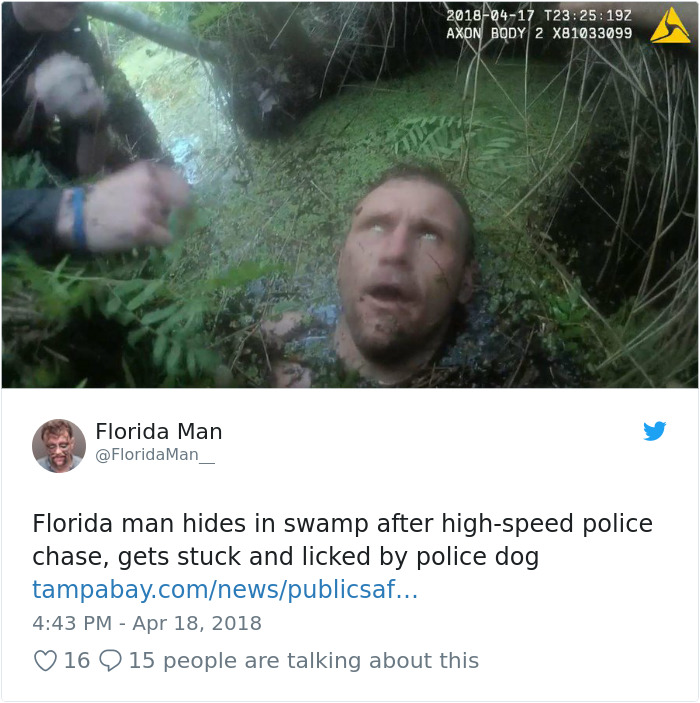 funny florida man - T19Z Axon Body 2 X81033099 Florida Man Man__ Florida man hides in swamp after highspeed police chase, gets stuck and licked by police dog tampabay.comnewspublicsaf... 16 Q