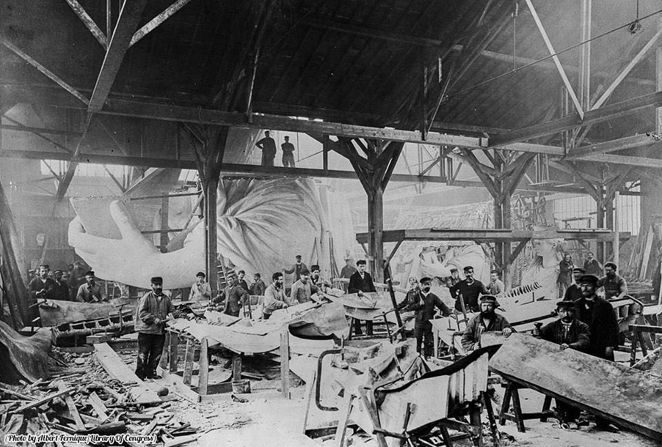 The Statue of Liberty under construction in the workshop of French sculptor Frederic Auguste Bartholdi, Paris, 1882
