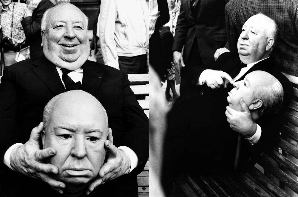 Alfred Hitchcock with his dummy head, on the set of Frenzy, 1972. The head was used in the trailer for the body of Hitchcock floating down the River Thames.