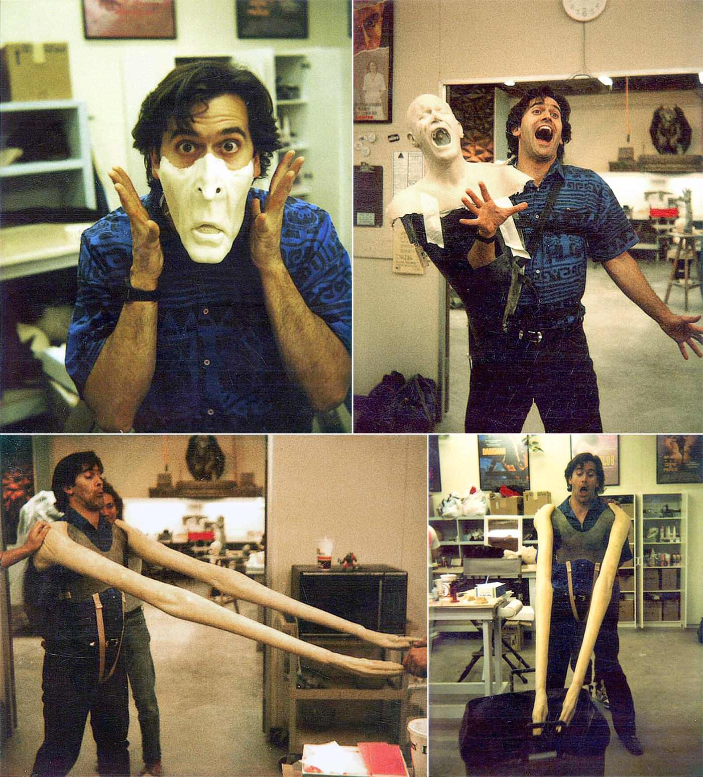 Bruce Campbell testing out a variety of physical practical effects for Army of Darkness, 1992.