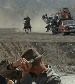 In the first panel, an outtake from Indiana Jones and the Last Crusade where Harrison Ford's hat flies off,  ruining the shot. Afterwards, off camera, he pretends to staple the hat ot his head during a break to reset the scene.