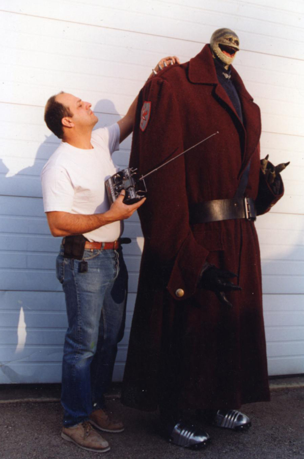 Testing the functionality of the Goomba animatronic costume for Super Mario Bros., 1993.