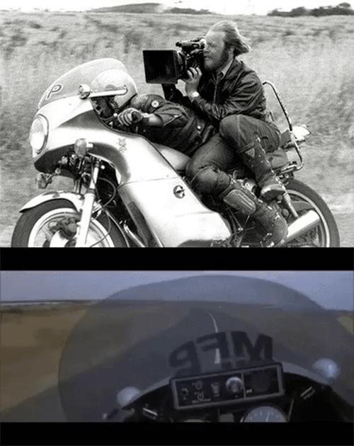 Stunt rider Terry Gibson driving 180KM/h while cinematographer David Eggby films a scene for Mad Max, 1979. David said "I couldn't even wear a helmet because you can't operate a camera with one; it gets in the way."