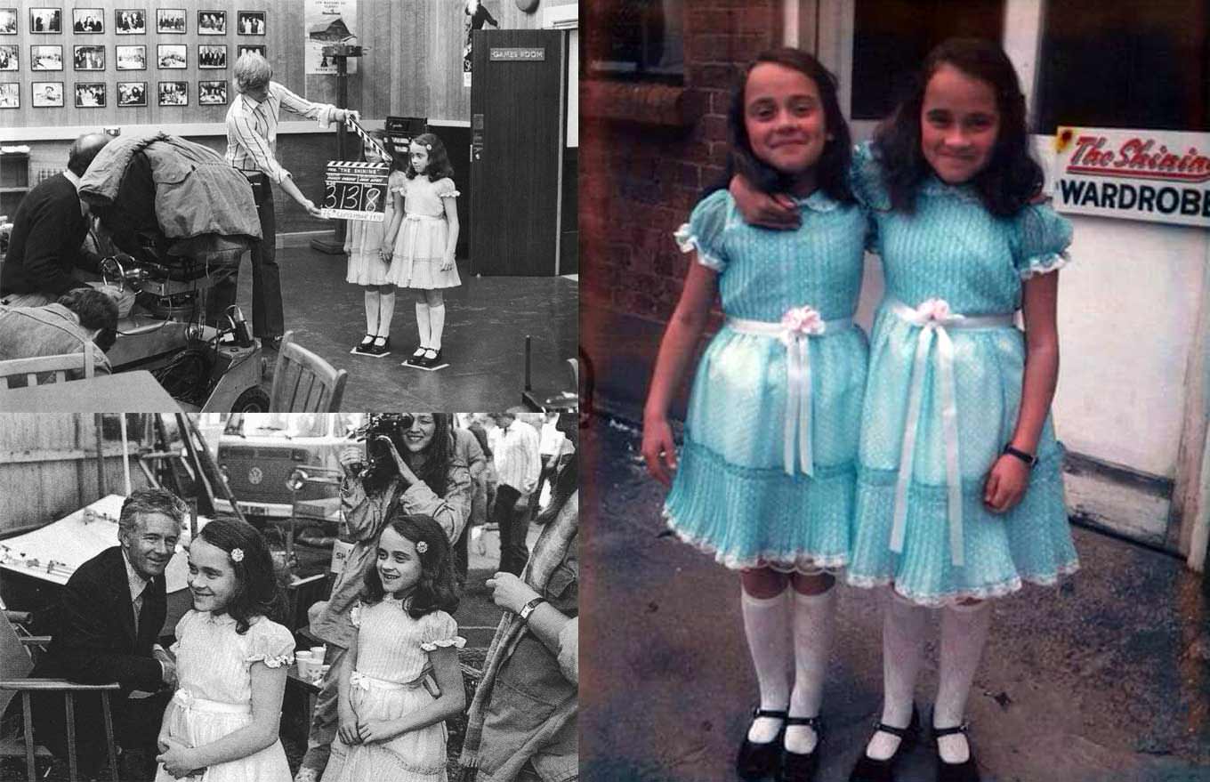 Creepy twins being remarkably less creepy...Lisa and Louise Burns as the Grady sisters on the set of The Shining, 1980.