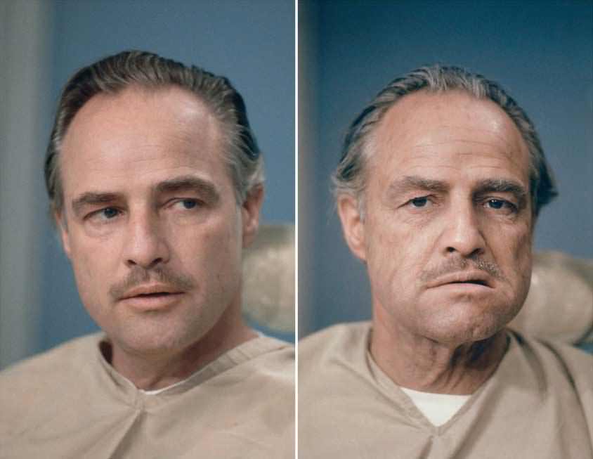 Marlon Brando before and after getting his make-up done to be Don Vito Corleone in The Godfather, 1972.