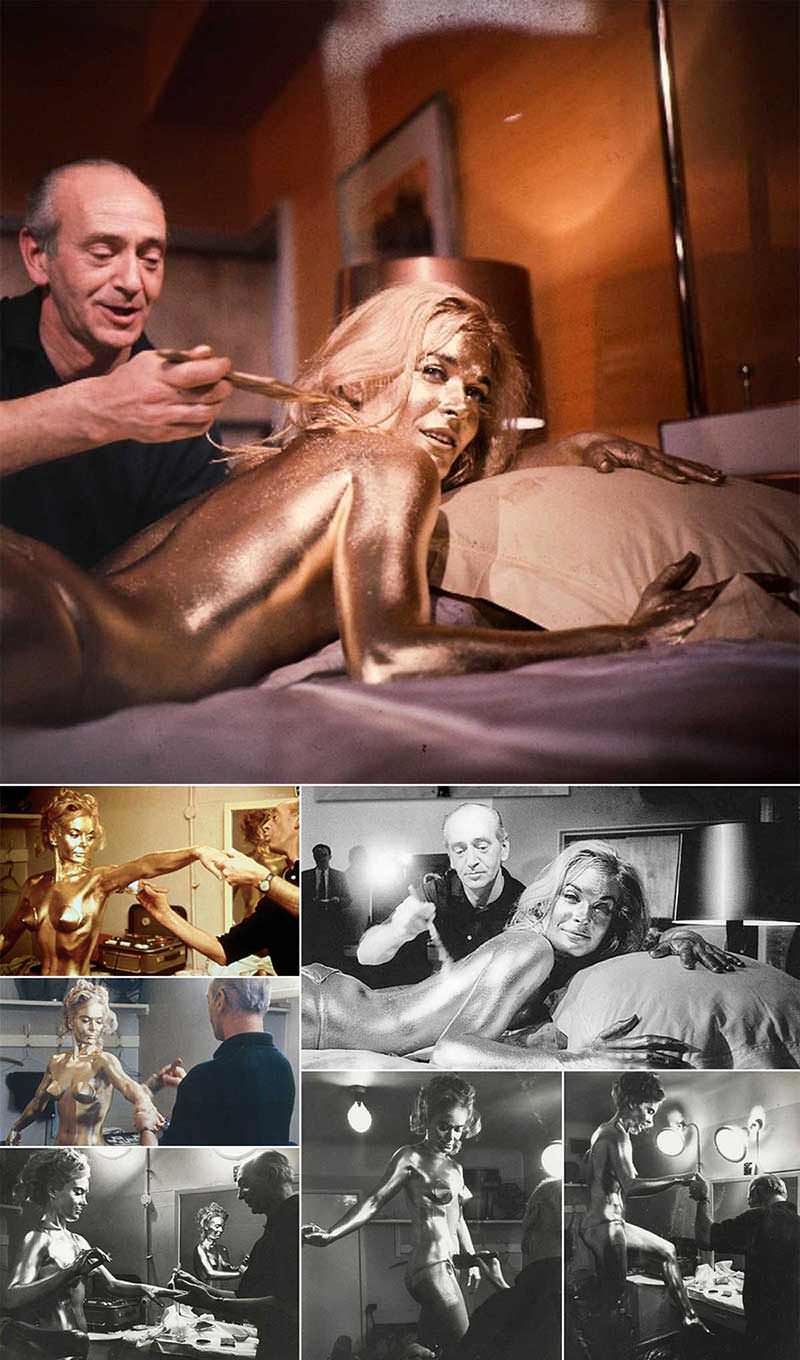Collage of pictures of Shirley Eaton being painted in gold paint, Goldfinger, 1964.