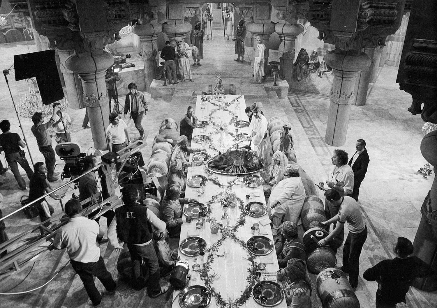 Steven Spielberg filming the dinner banquet scene, Indiana Jones and the Temple of Doom, 1984.