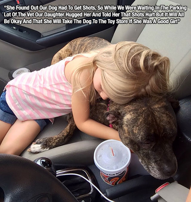car - "She Found Out Our Dog Had To Get Shots, So While We Were Waiting In The Parking Lot Of The Vet Our Daughter Hugged Her And Told Her That Shots Hurt But It Will All Be Okay And That She Will Take The Dog To The Toy Store If She Was A Good Girl