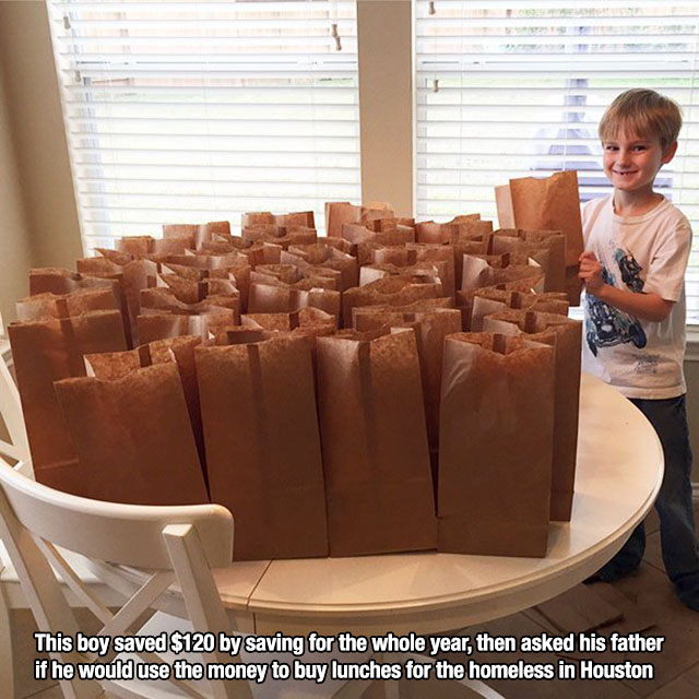 make money as a 9 year old kid - This boy saved $120 by saving for the whole year, then asked his father if he would use the money to buy lunches for the homeless in Houston