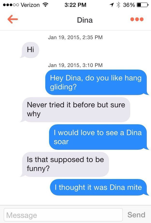 tinder - tinder fails - ...00 Verizon 1 36% D Dina , Hi , Hey Dina, do you hang gliding? Never tried it before but sure why I would love to see a Dina soar Is that supposed to be funny? I thought it was Dina mite Message Send