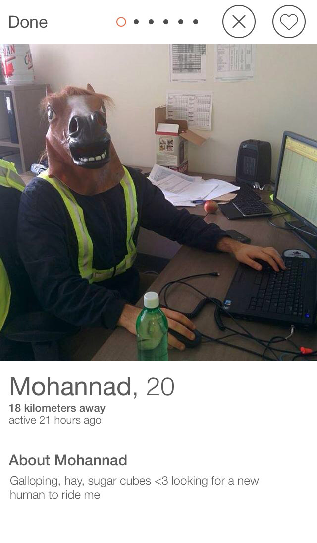 tinder - photo caption - Done Mohannad, 20 18 kilometers away active 21 hours ago About Mohannad Galloping, hay, sugar cubes