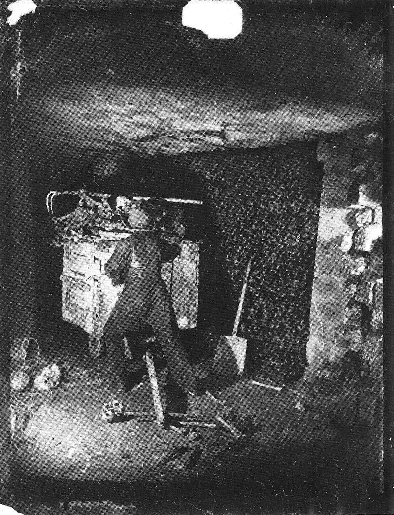 A worker removing extra skulls and bones from the Catacombes de Paris in France in 1890. The project cleaned up the Catacombes, removing entire rooms and hallways full of fallen bones and putting them back into their current positions, all stacked up high, that you can see today.