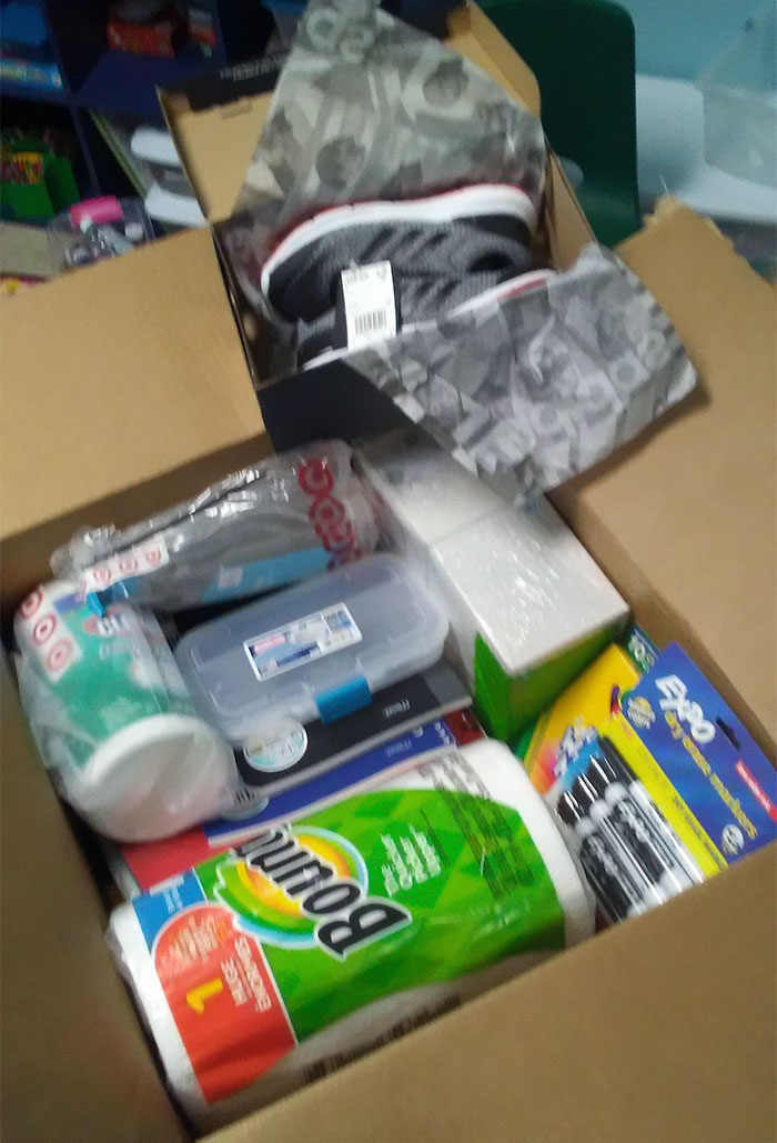 “I opened the boxes today. All of my sons school supplies and some extras. A new pair of shoes, which is awesome cuz im super thrifty and hardly ever buy brand new things. He is gonna be super excited”