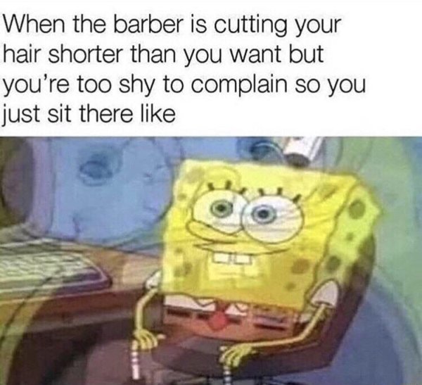 your barber cuts your hair too short - When the barber is cutting your hair shorter than you want but you're too shy to complain so you just sit there