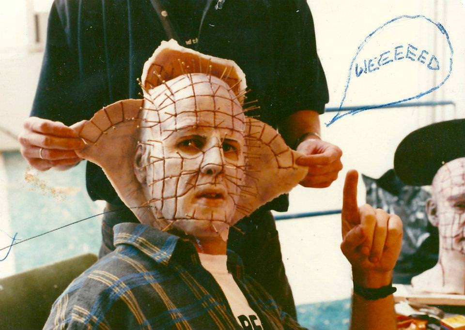 Doug Bradley getting his makeup on for the film Hellbound: Hellraiser II (1988).
