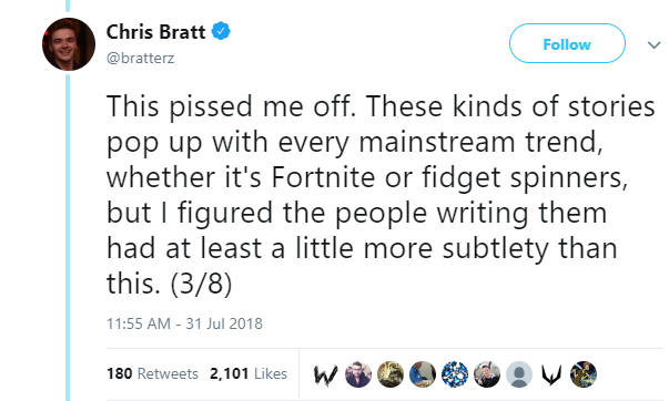liar - tags - Chris Bratt This pissed me off. These kinds of stories pop up with every mainstream trend, whether it's Fortnite or fidget spinners, but I figured the people writing them had at least a little more subtlety than this. 38 180 2,101 Wo 0 0ove