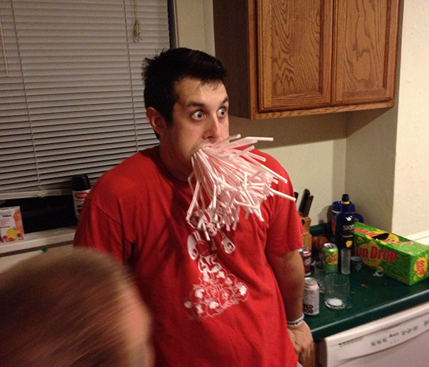 So My Friend Got Drunk And Bet Me He Could Fit An Entire Box Of Straws In His Mouth. Did Not Disappoint