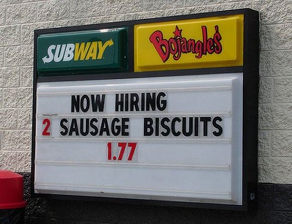 bojangles' famous chicken 'n biscuits - Subway Now Hiring 2 Sausage Biscuits 1.77