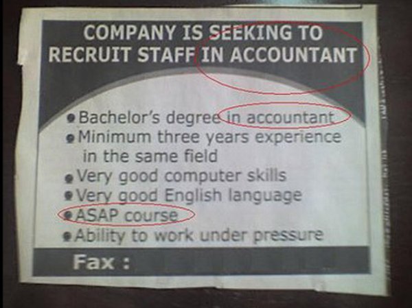 label - Company Is Seeking To Recruit Staff In Accountant Bachelor's degree in accountant . Minimum three years experience in the same field Very good computer skills Very good English language Casap course Ability to work under pressure Fax