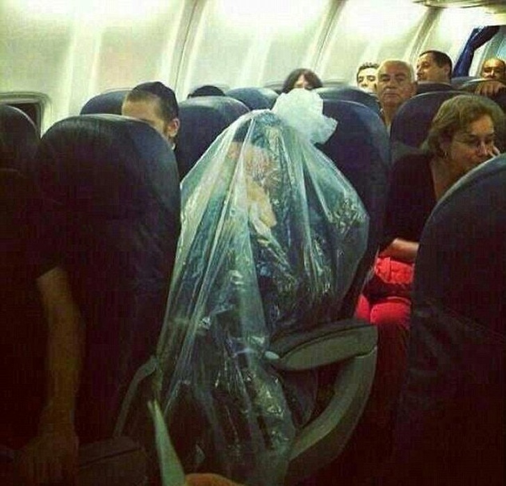 Meanwhile, during a flight, someone got into a plastic bag.