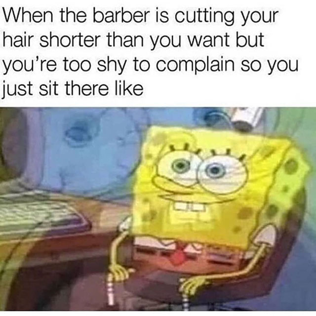 barber cuts your hair meme - When the barber is cutting your hair shorter than you want but you're too shy to complain so you just sit there