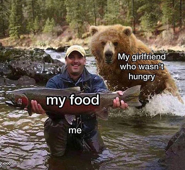 man bear fish meme - My girlfriend who wasn't hungry my food me