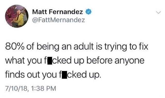 diagram - Matt Fernandez Mernandez 80% of being an adult is trying to fix what you ficked up before anyone finds out you fIcked up. 71018,