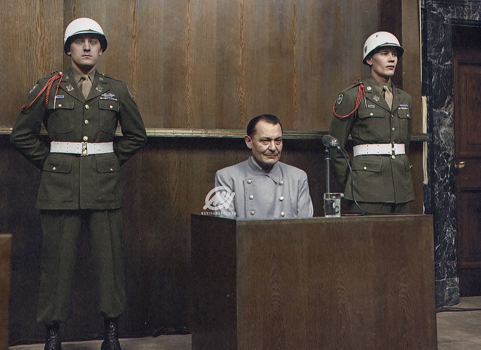 Hermann Göring sits in the dock at the Nuremberg Trial, 1946.