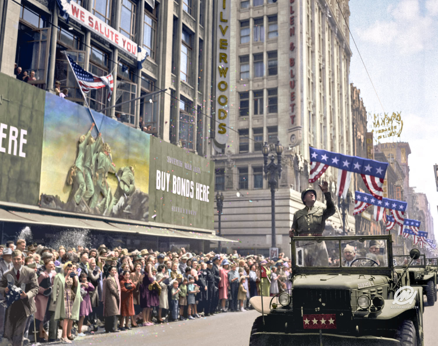 General George S. Patton acknowledging the cheers of the welcoming crowds in Los Angeles, CA, during his visit on June 9, 1945.
