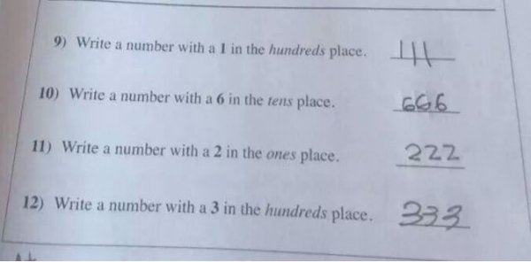 document - 9 Write a number with a l in the hundreds place. 10 Write a number with a 6 in the tens place. 666 222 11 Write a number with a 2 in the ones place. 12 Write a number with a 3 in the hundreds place.