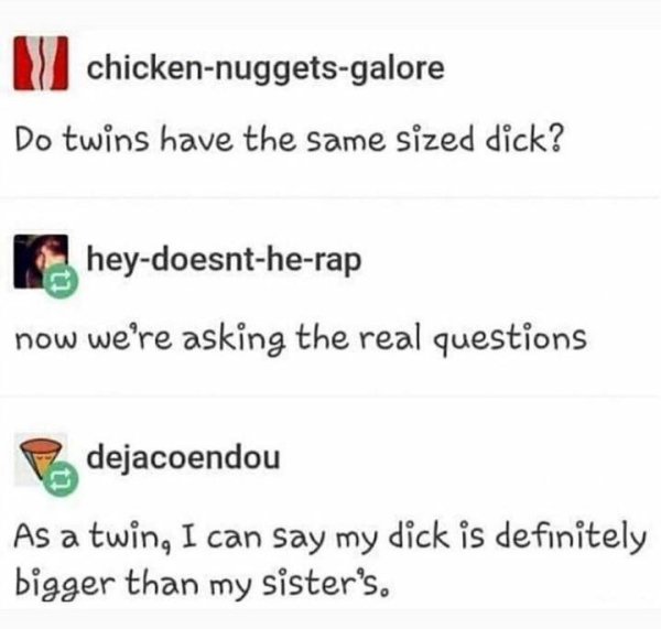 chickennuggetsgalore Do twins have the same sized dick? heydoesntherap now we're asking the real questions dejacoendou As a twin, I can say my dick is definitely bigger than my sister's.