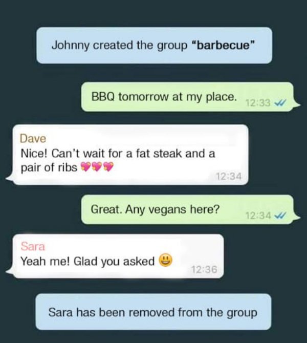 Johnny created the group "barbecue" Bbq tomorrow at my place. v Dave Nice! Can't wait for a fat steak and a pair of ribs Great. Any vegans here? Sara Yeah me! Glad you asked Sara has been removed from the group