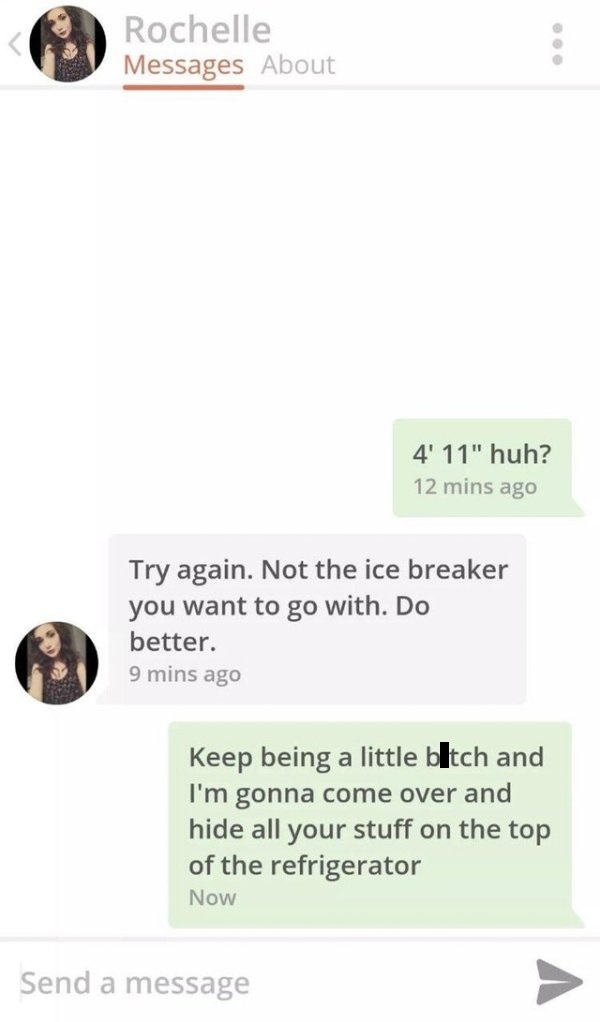 website - Rochelle Messages About 4' 11" huh? 12 mins ago Try again. Not the ice breaker you want to go with. Do better. 9 mins ago Keep being a little bitch and I'm gonna come over and hide all your stuff on the top of the refrigerator Now Send a message