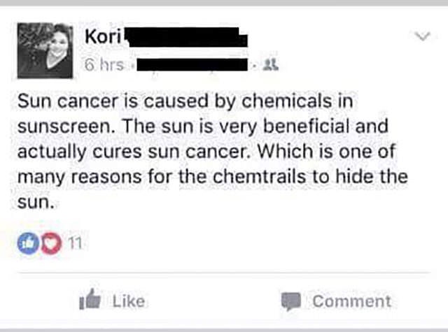 Kori 6 hrs Sun cancer is caused by chemicals in sunscreen. The sun is very beneficial and actually cures sun cancer. Which is one of many reasons for the chemtrails to hide the sun. Do 11 Comment