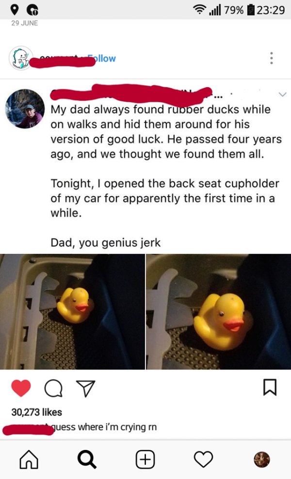 Humour - Jl 79% 29 June My dad always found ruober ducks while on walks and hid them around for his version of good luck. He passed four years ago, and we thought we found them all. Tonight, I opened the back seat cupholder of my car for apparently the fi