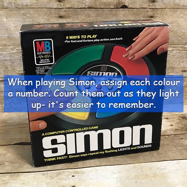 simon game - 5 Ways To Play For fast and furious play action, see back. Electronics Www Bradley simon When playing Simon, assign each colour a number. Count them out as they light up it's easier to remember. A Computer Controlled Game Simon Think Fast! Si