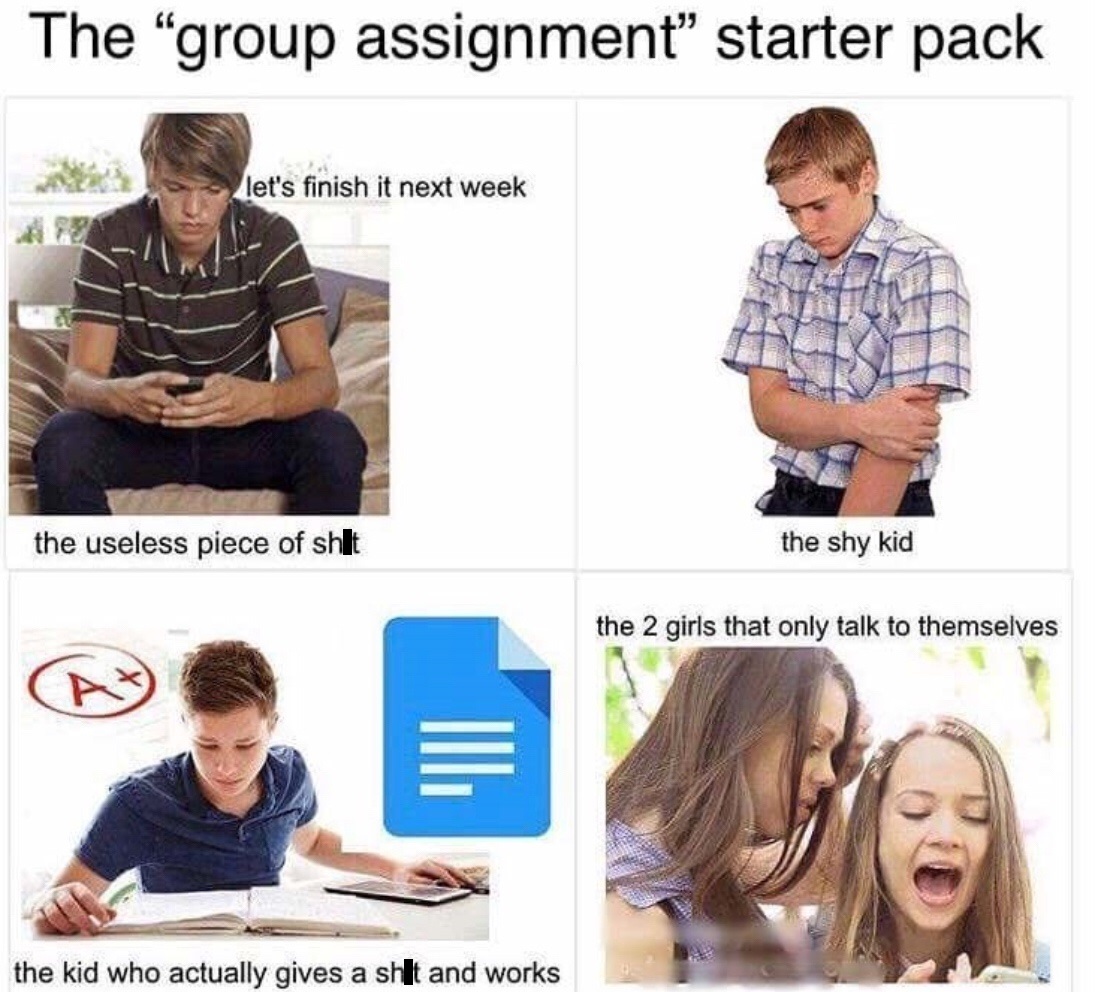 group assignment starter pack - The "group assignment" starter pack let's finish it next week the useless piece of shit the shy kid the 2 girls that only talk to themselves the kid who actually gives a shit and works